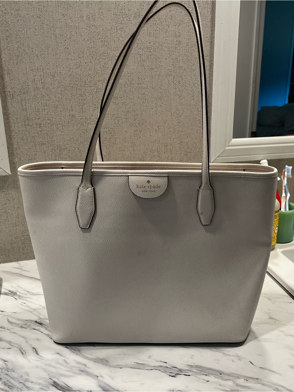 kate spade Light Gray white Pebbled Leather Tote